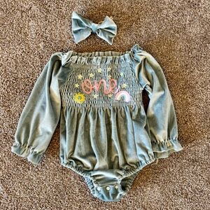 Baby Girl First Birthday Velvet Romper & Bow
